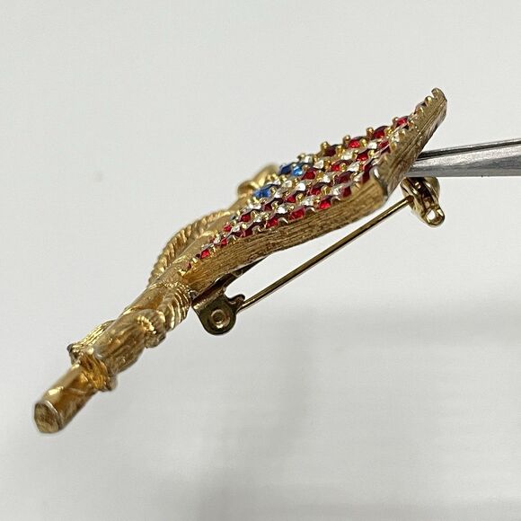 Vintage Rafaelian Usa Flag Rhinestone Brooch Rin Patriotic Flag Gold Tone - Picture 6 of 8
